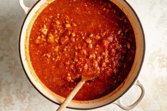 Italian sausage meat sauce in a large pot