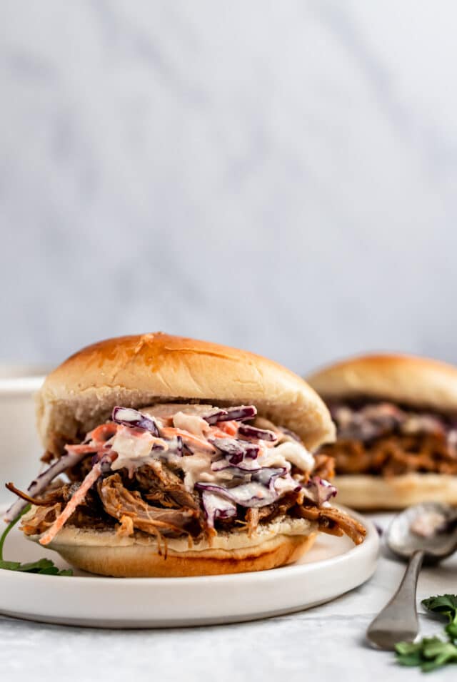 pulled pork sandwich served on a white plate