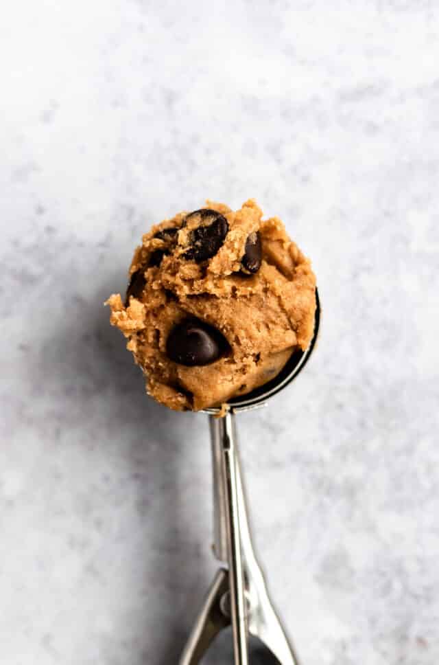 chocolate chip cookie dough in a cookie scoop