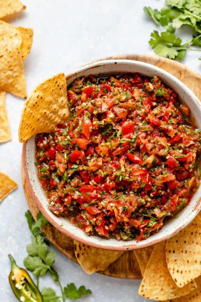 salsa recipe served in a bowl with tortilla chips
