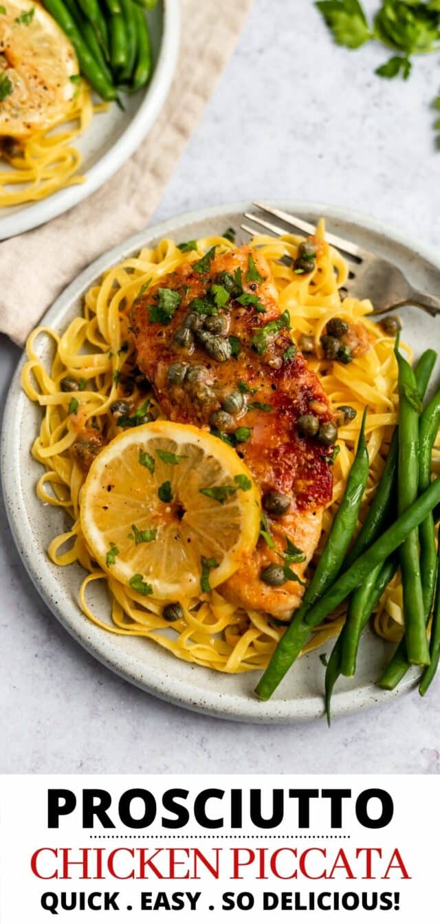 chicken dish served with pasta and green beans