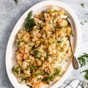 potato salad on a large white serving platter