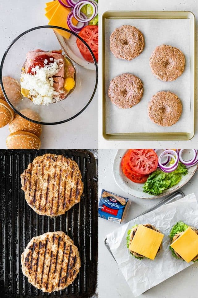 Visual steps for making and grilling burger patties.