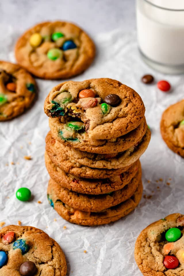 M&M cookies stacked on top of one another