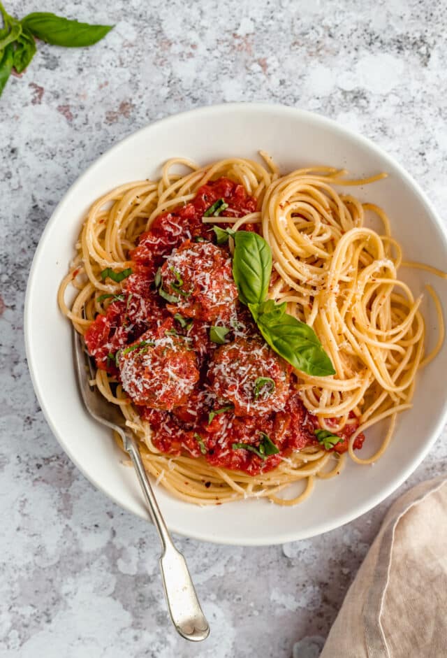 turkey meatballs served in sauce with pasta