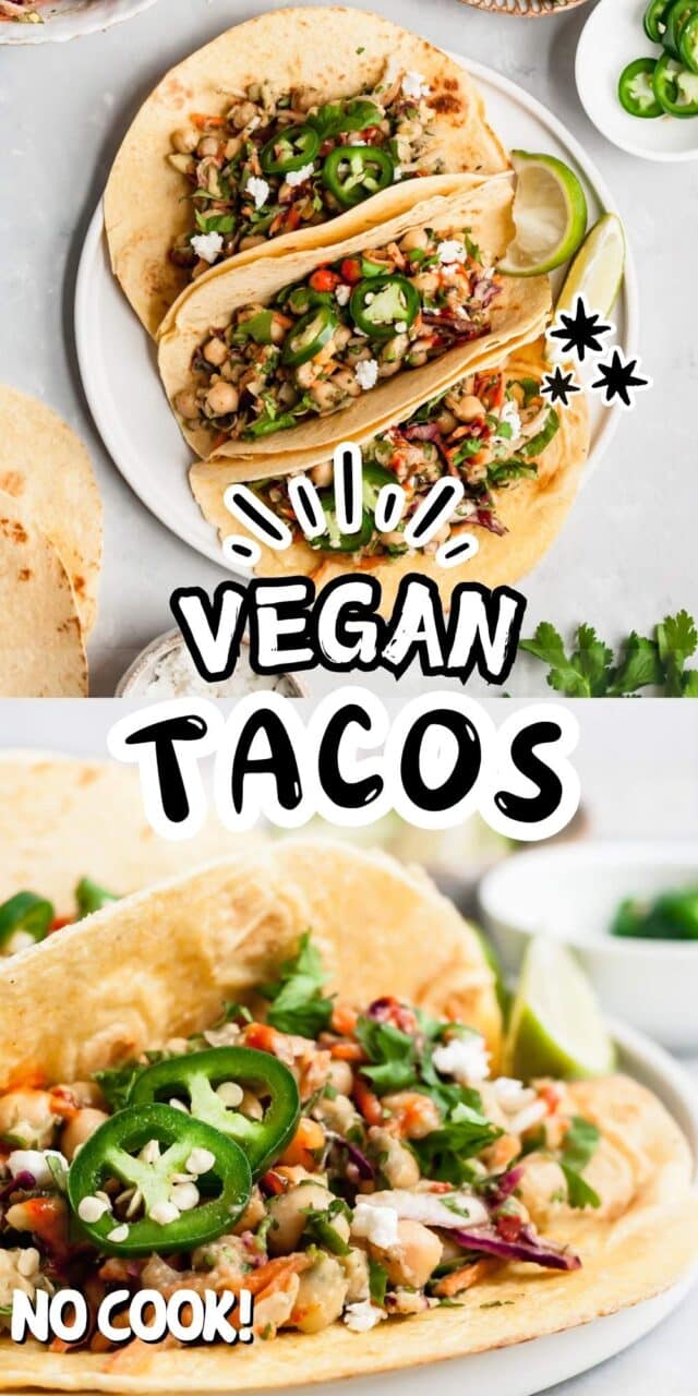Vegan tacos topped with fresh cilantro and jalapeño slices.
