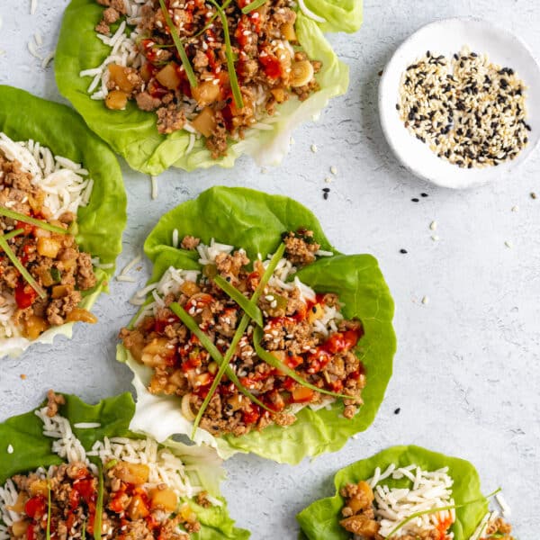 ground chicken over rice in lettuce cups