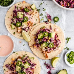 grilled chicken tacos with corn slaw, avocado and sliced jalapeño