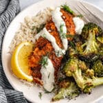 grilled salmon served with rice and roasted broccoli