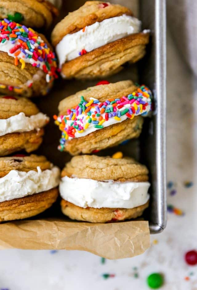 ice cream cookie sandwiches stacked in a loaf pan