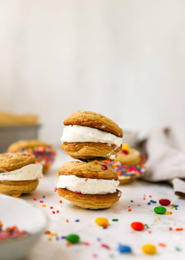 two M&M ice cream cookie sandwiches stacked