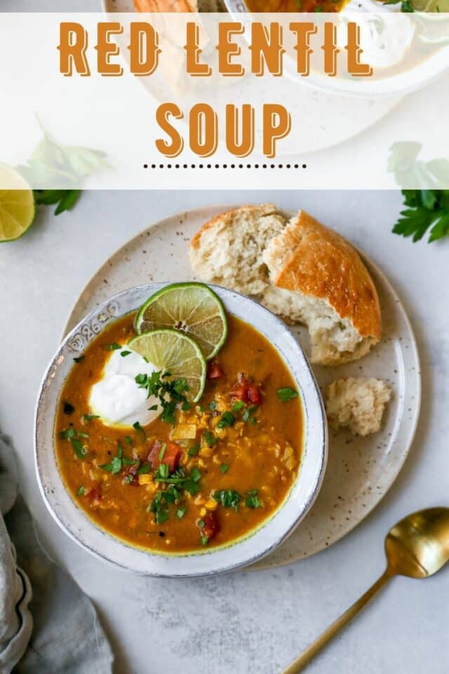 Red Lentil Soup served with slices of lime, sour cream and fresh parsley