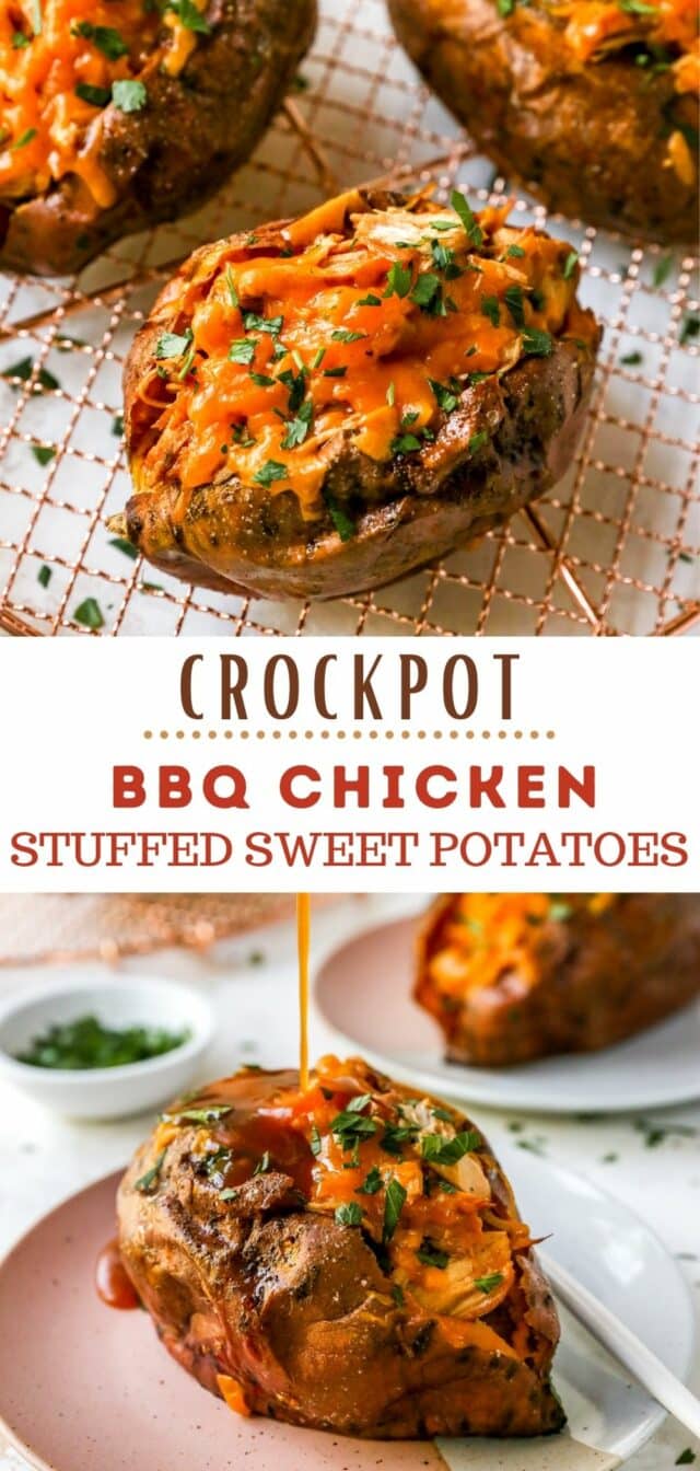 Crockpot BBQ Chicken Stuffed Sweet Potatoes served with cheese and cilantro