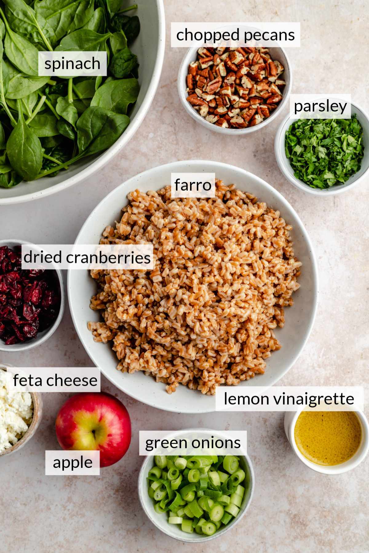 Small bowls with cooked farro, spinach, pecans, parsley, apple and green onions.