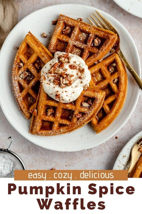 pumpkin spice waffles on a white plate with yogurt and pecans