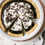 slices of chocolate pie cut in a pie dish