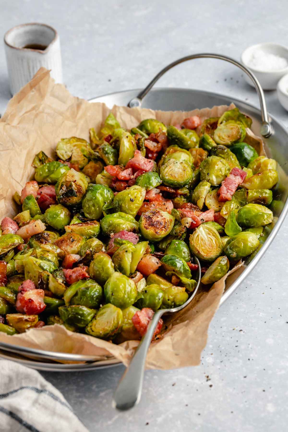 Bacon roasted brussel sprouts in a large serving bowl.