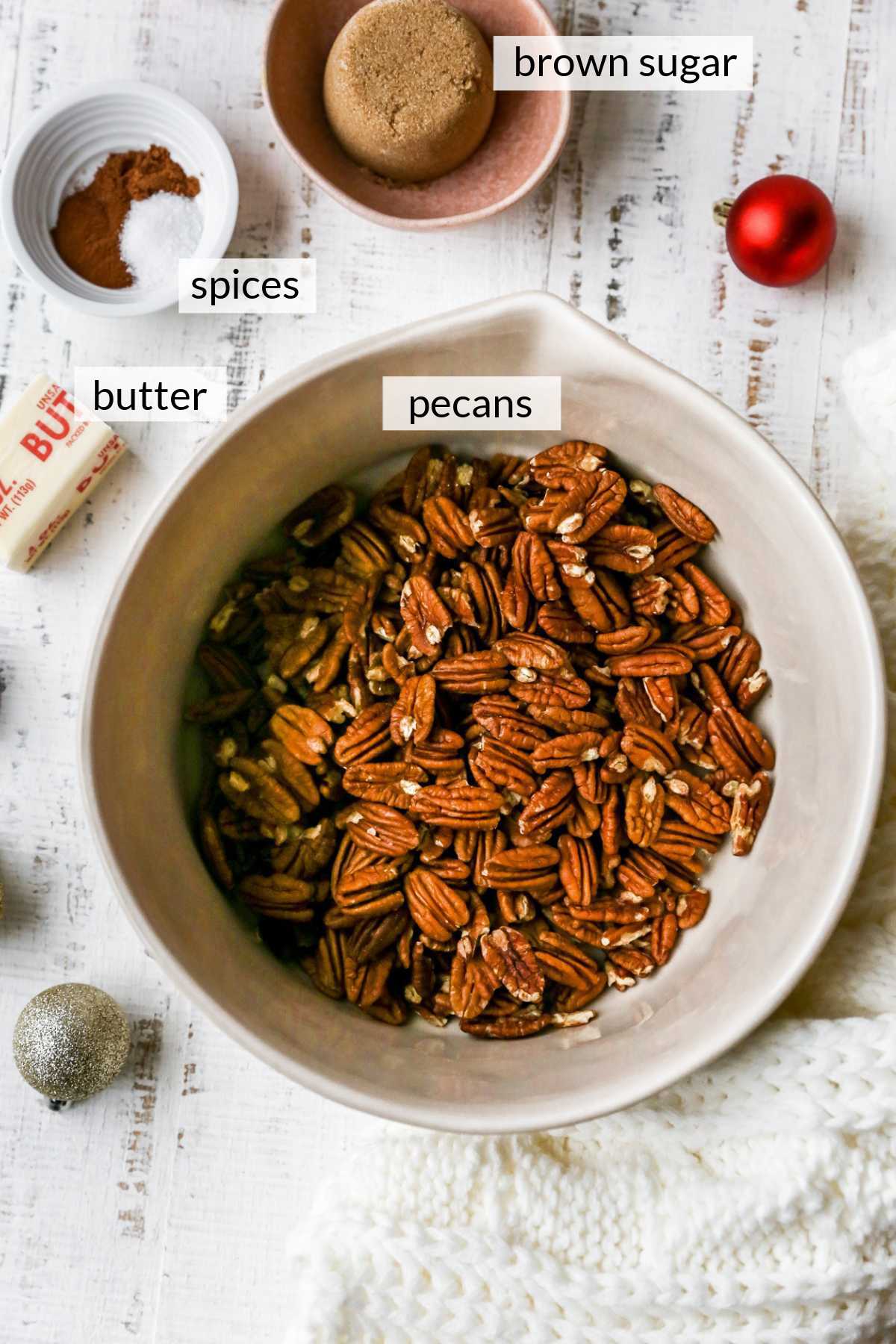 Pecan halves, spices, brown sugar and butter divided into portions.