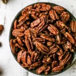Candied pecans in a bowl.