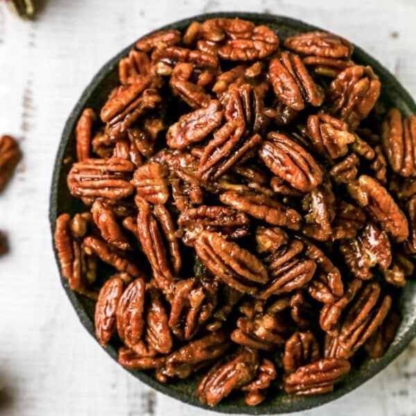 Candied pecans in a bowl.