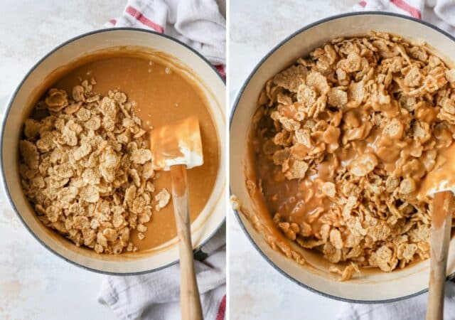 mixing cornflakes with peanut butter and corn syrup 