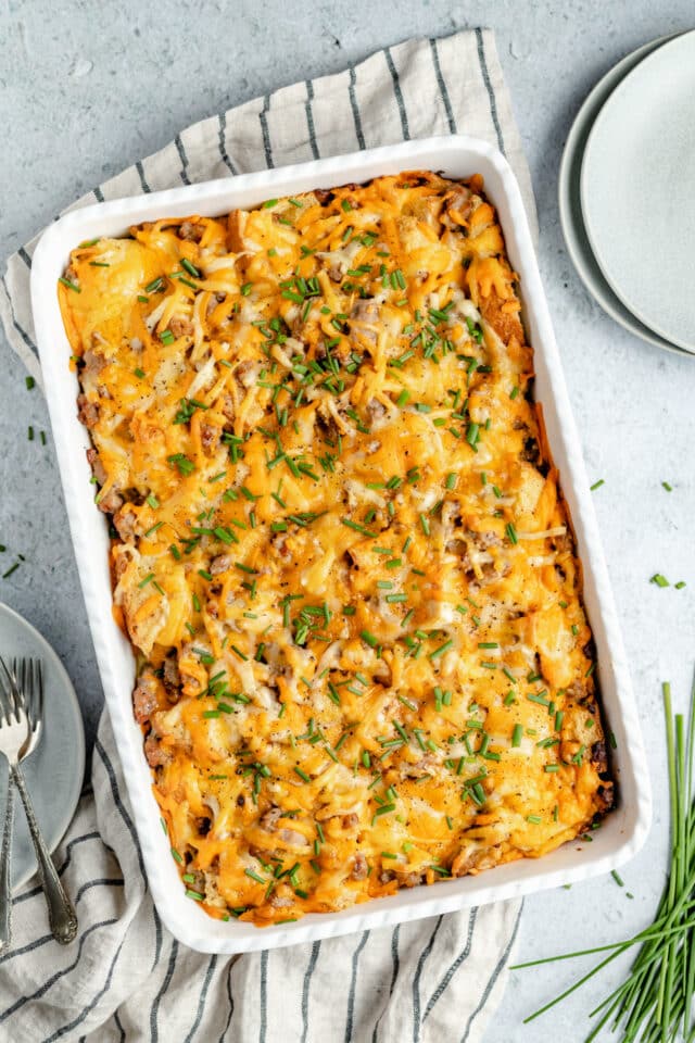 sausage breakfast casserole in a large baking dish