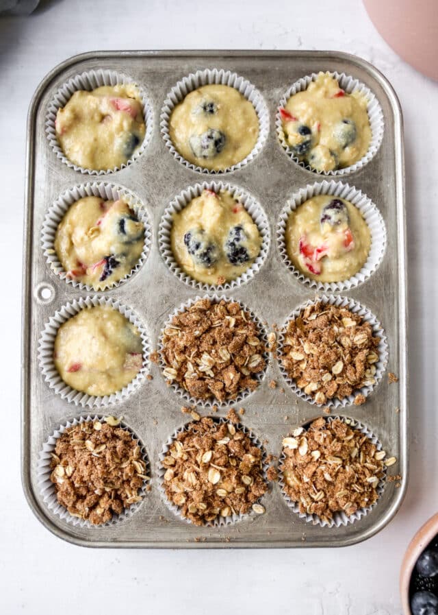 sprinkle streusel topping over muffins