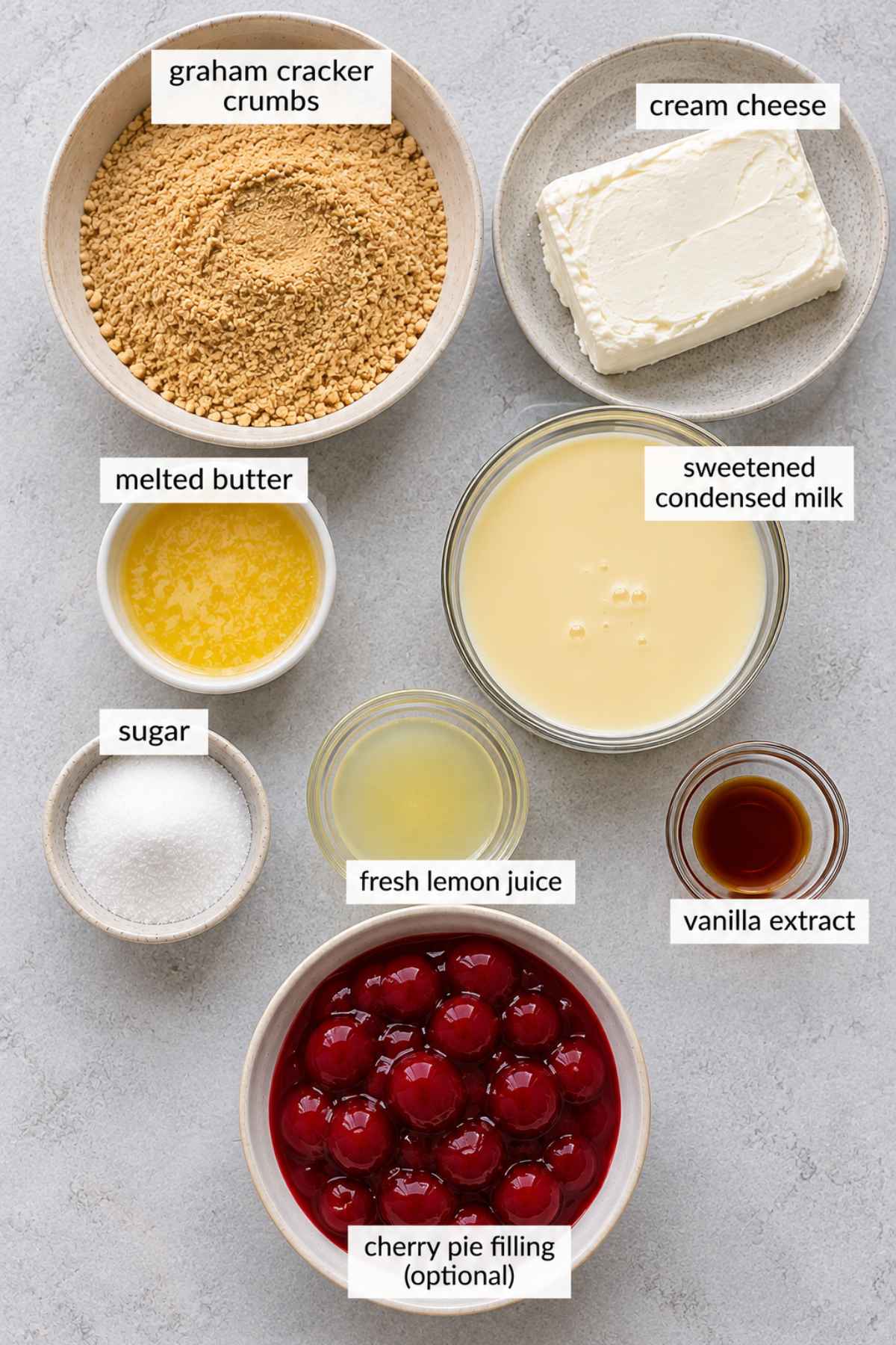 Bowls with graham cracker crumbs, cherries, sweetened condensed milk, melted butter and cream cheese.