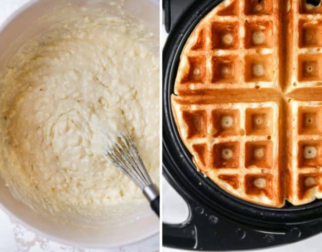 making buttermilk waffles by mixing batter and cooking it in a waffle iron
