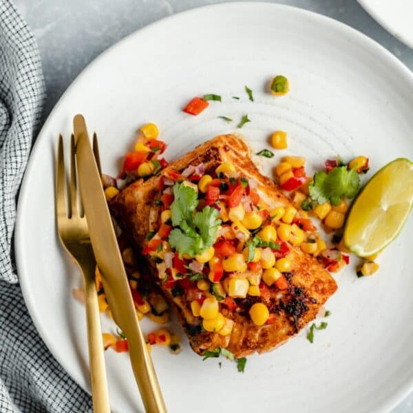 Cod fillet topped with corn salsa.