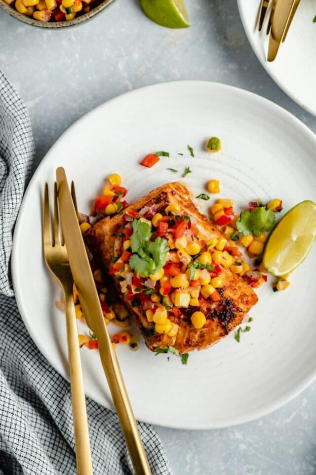 Cod fillet topped with corn salsa.