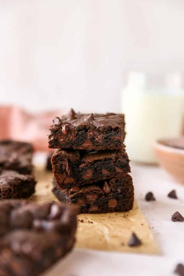 brownies with chocolate chips in a stack