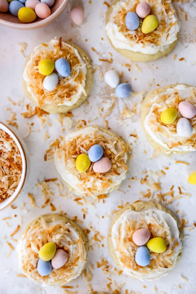 bird's nest easter cookies with frosting, toasted coconut and Cadbury eggs