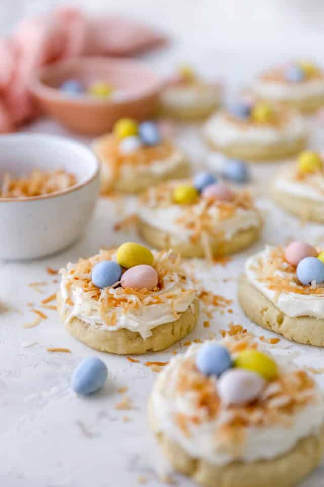 Frosted sugar cookies topped with mini Cadbury eggs