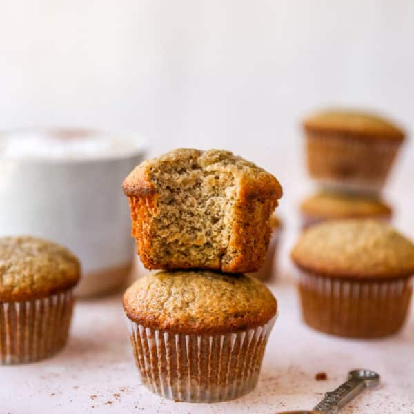 Two banana muffins stacked.