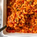 Serving a spoonful of homemade hamburger helper.