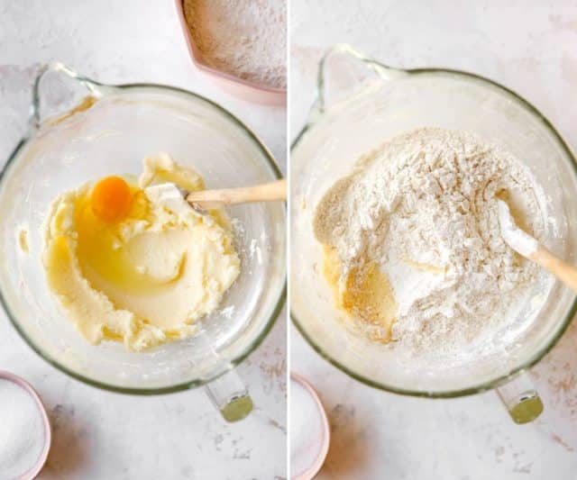 mixing sugar and butter in a large mixing bowl