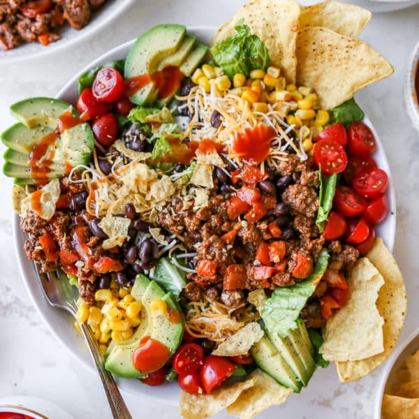 taco salad topped with Catalina dressing