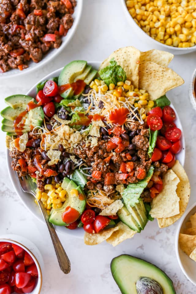 taco salad topped with Catalina dressing