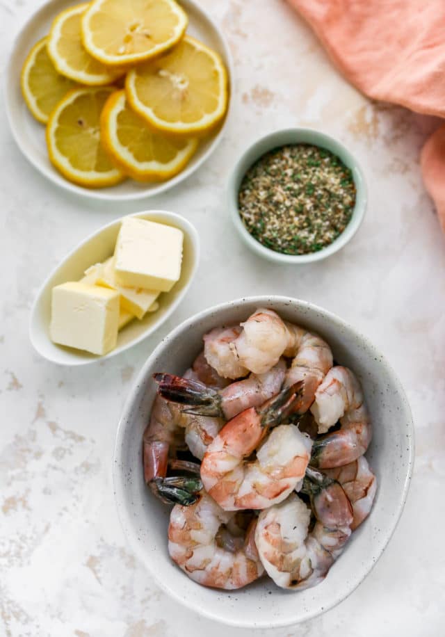 ingredients needed for baked shrimp with lemon, butter and Italian seasoning
