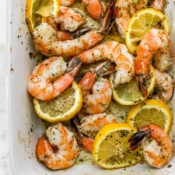 baked shrimp cooked in a lemon butter sauce with Italian seasoning