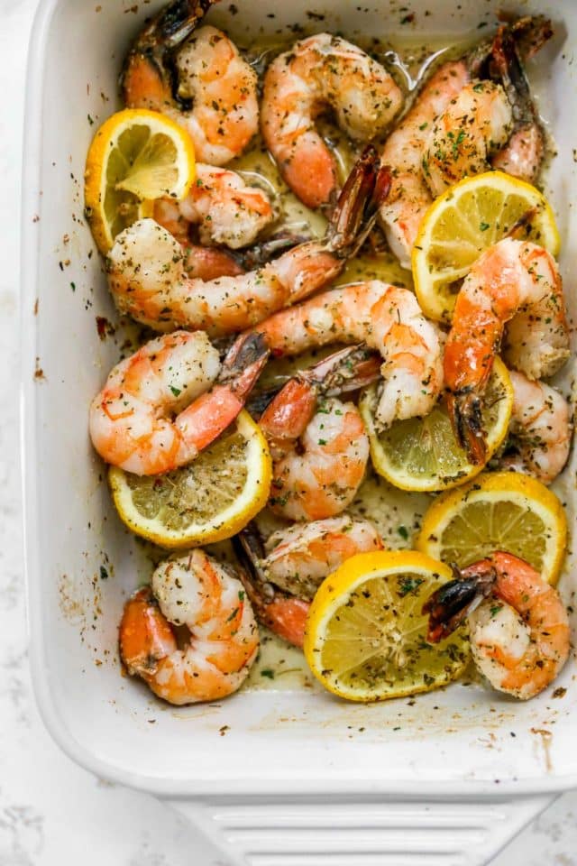 baked shrimp cooked in a lemon butter sauce with Italian seasoning