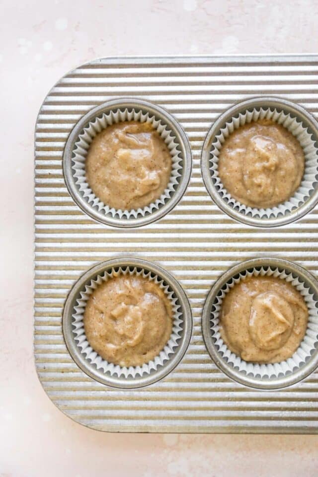 Batter evenly divided in a muffin pan.