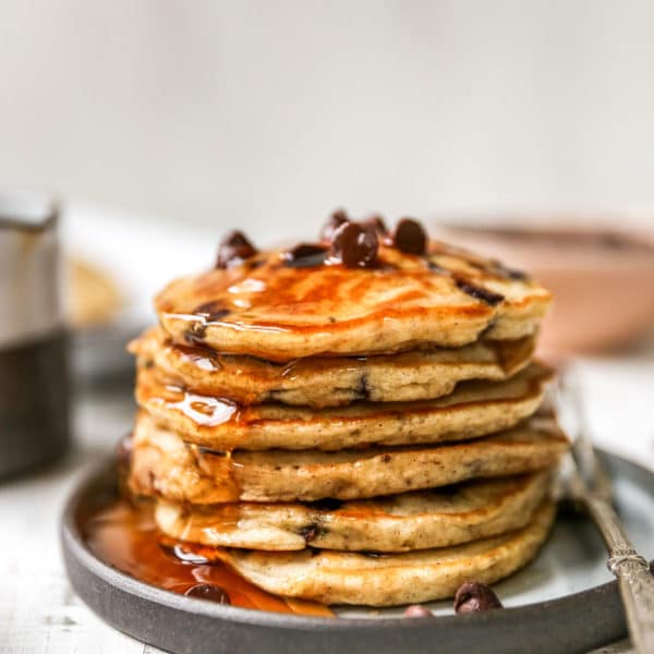 stack of fluffy chocolate chip pancakes