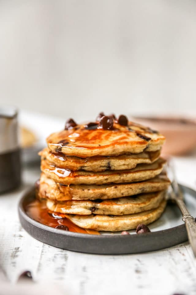 stack of fluffy chocolate chip pancakes