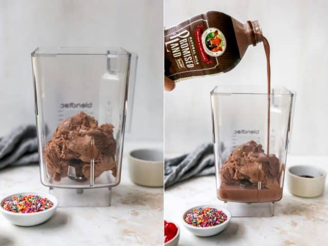 pouring chocolate milk into blender with chocolate ice cream