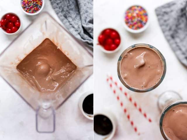 blending ice cream and chocolate milk for a chocolate milkshake