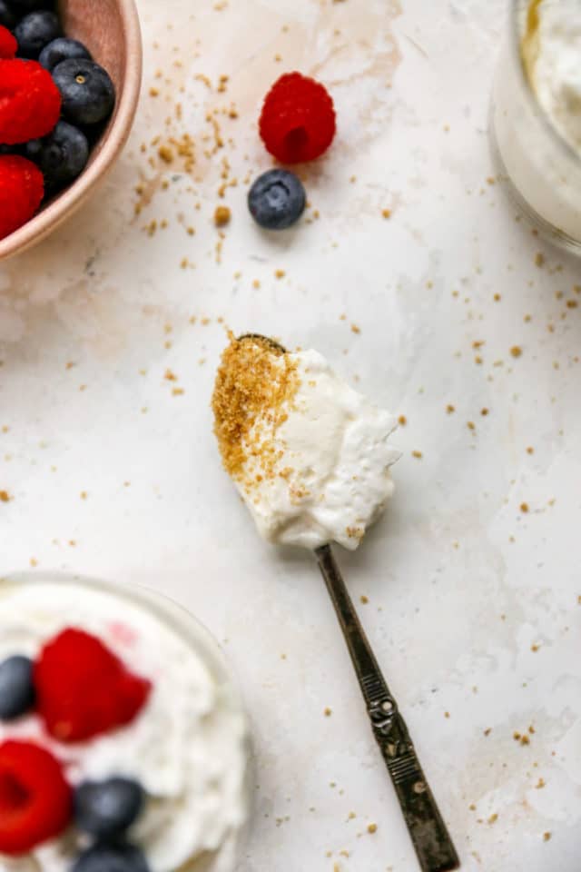 spoonful of cheesecake with graham cracker crumbs