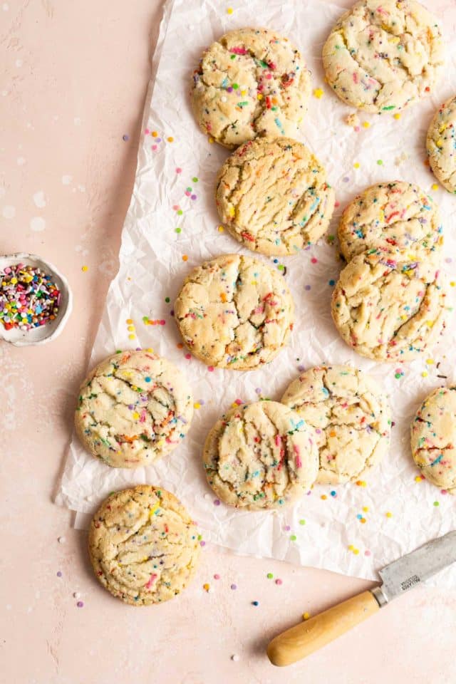 funfetti cookies on parchment paper 