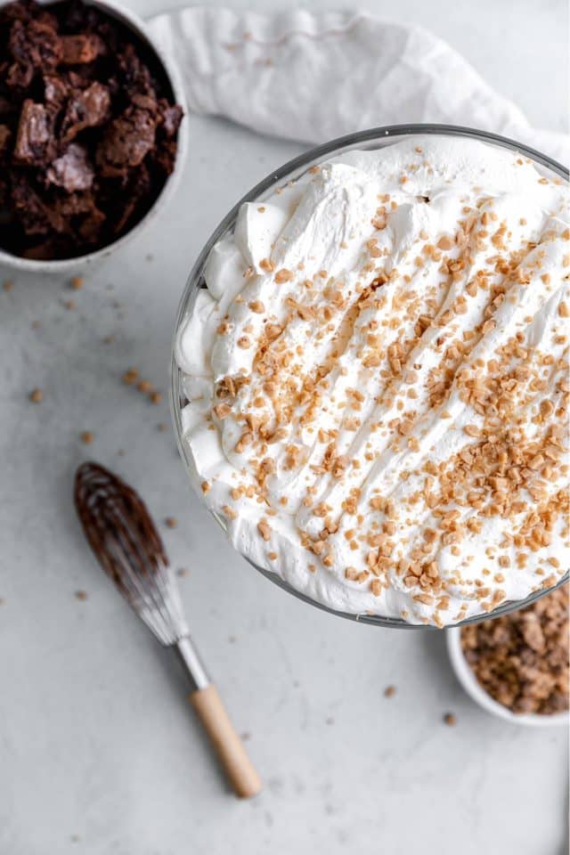 Toffee bits sprinkled over the top of whipped cream.